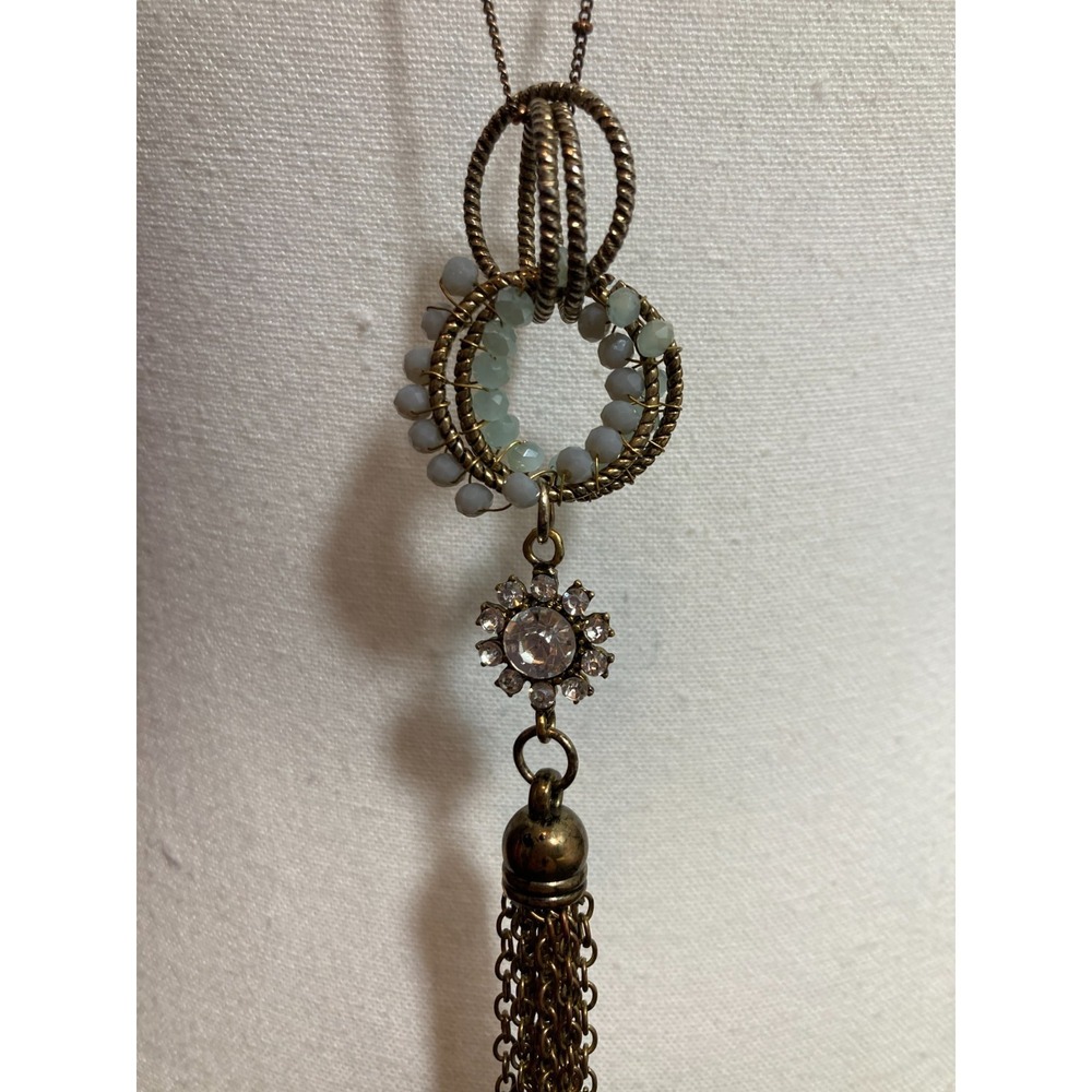 Boho‎ Lariat Tassel Necklace Bronze Tone Aqua Faceted Beads Layering Stackable - Picture 10 of 13